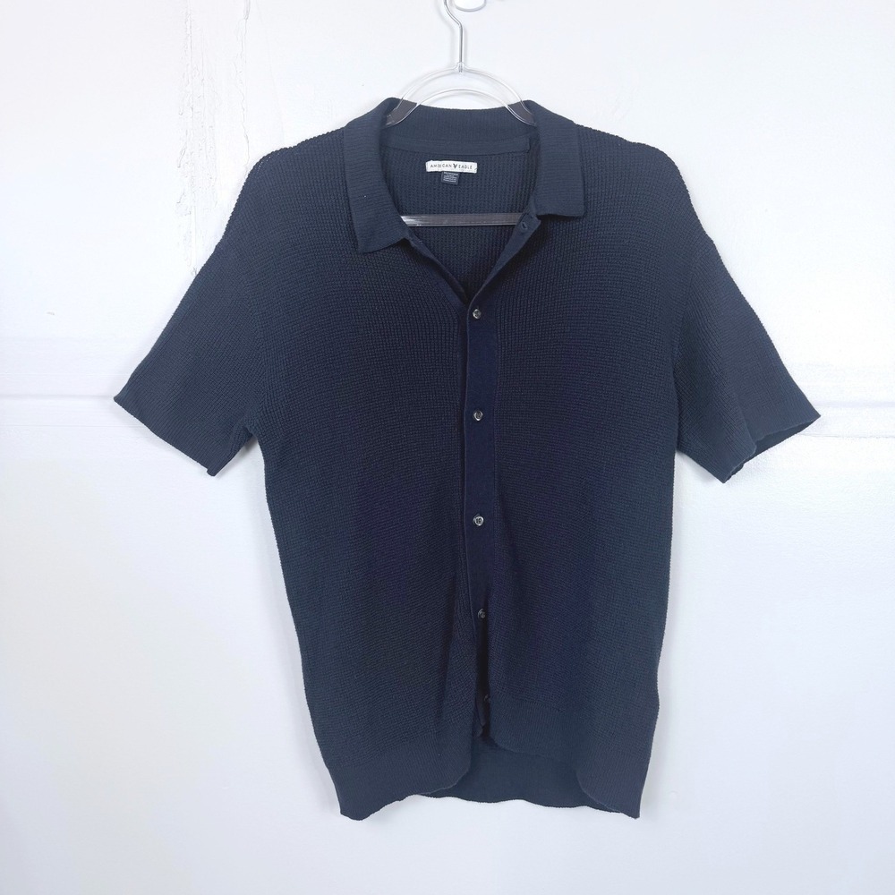 American Eagle Weekend Waffle Knit Button-Up Sweater Navy Blue Preppy Mens XS